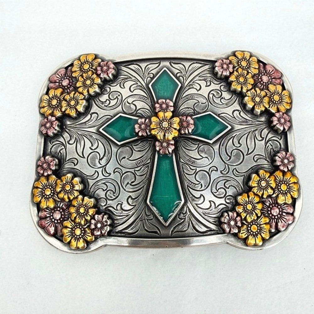 Belt Buckle Embellished Floral Cross Enamel Western Cowgirl Country Horse Core